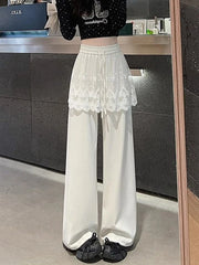 Lunivop Sweet Lace Patchwork Pant Women High Waist Cute Casual Loose Trousers Korean Fashion Summer Elegant Chic Wide Leg Pants New