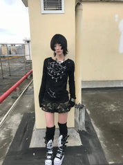 Lunivop Gothic Vintage T-shirt Women Long Sleeve Broken Print Graphic Tops Y2k Japanese 2000s Grunge Tops Streetwear Tee Tops