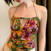 Lunivop Vintage Euramerican Temperament Halter Sleeveless Beach Style Tank Tosp Y2k Hollow Out Beading Flower Print Camisole Punk Tops