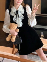 Lunivop Elegant France Velvet Mini Dress Women's Vintage Lace Patchwork Long Sleeve Slim Vestidos Autumn Winter Birthday Party Dresses