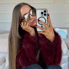 Lunivop Luxury Brown Women's Fluffy Faux Fur Warm Short Coat Chic Lapel Collar Long Sleeve Furry Jacket Winter Lady Streetwear