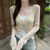 Lunivop Lace Trim One Button Long Sleeve Crop Top Women Short Sleeve Open Front Ribbed Knit Cardigan Sweater Summer Fairycore Outfit