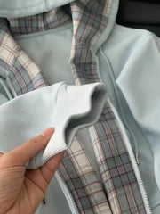 Lunivop Plaid Patchwork Blue Hoodies Women Sweet Preppy Style Long Sleeve Cute Sweatshirts Loose Casual Vintage Female Korean Tops New