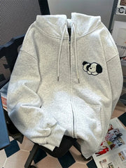 Lunivop Cute Dog Cartoon Gray Hoodies Women Loose Long Sleeve Kawaii Sweatshirts Casual Vintage Preppy Style Fall Female Pockets Tops