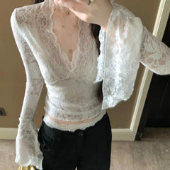 Lunivop Women's Long Sleeve Lace Top V-neck Flared Sleeve Sheer Lace Crop T-shirt Teen-girl Fairycore Y2K Outfit