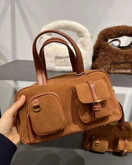 Lunivop Hot Girls White Handbag Bowling Bag Women High Street Handle Pocket Suede Crossbody Bags Ladies Retro Y2k Hand Bag New