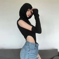 Lunivop Black Sexy Mysterious Hot Mature Glamour Simple Knit Stretch High Street Off Season Hooded Women's Bodysuit With Sleeves