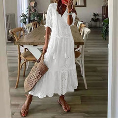 Lunivop Summer Cotton White Dress for Women Casual Hollow Crochet Bohemian Loose Beach Long Dress Ladies Plus Size Holiday Ruffles Dress