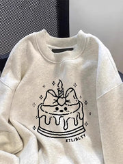 Lunivop Cute Cake Print Sweatshirt Women Long Sleeve Loose Japan Kawaii Pullovers Fall Preppy Style O Neck Vintage Casual Sweet New Tops