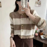 Lunivop Women's Acrylic Long Sleeve O-Neck Button-Down Striped Cropped Knit Cardigan Ladies Autumn Winter Korean Fashion Knitwear