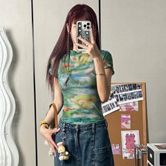Lunivop Summer New All-match Tops Mujer Mesh Short Sleeve T-shirt for Women Y2k E-Girl Slim Fit Irregular Print Tee Shirt