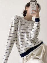 Lunivop Vintage Elegant Striped Sweaters Women Loose O Neck Hollow Out Knitted Pullover French Retro Long Sleeve Casual Jumper Tops