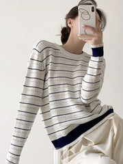 Lunivop Vintage Elegant Striped Sweaters Women Loose O Neck Hollow Out Knitted Pullover French Retro Long Sleeve Casual Jumper Tops
