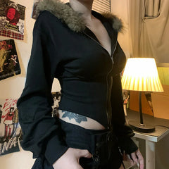 Lunivop Black Hoodies Womens 2000s Clothes Y2k Hooded Sweatshirts With Fur Streetwear Zip Up Cropped Jacket Grunge Corest Top
