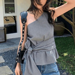 Lunivop Korea Chic Moda Irregular Skew Collar Vest Plaid Lace Up Off Shoulder Sling Camis New Elegant Ball Gown Slim Waist Tees