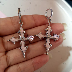 Lunivop Goth Punk Vintage Red Pink Irregular Crystal Heart Cross Pendant Earrings Men Egirl Grunge Y2K Aesthetic EMO Jewelry Accessories