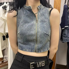 Lunivop New Summer Fashion High Street Denim O Neck Zip Up Vest Harajuku Y2k All Match Casual Camisole American Punk Short Clothes