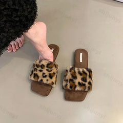 Lunivop Plush House Slippers for Women Flat Sandals New Fashion Leopard Fuzzy Open Toe Slippers Anti Skid Ladies Slip on Mules