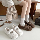 Lunivop White French Mary Jane flat-bottomed fluffy shoes for women's new autumn and winter warm-soled beanie cotton shoes