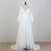 Lunivop V-Neck Full Sleeves Wedding Dress A Line Chiffon Bridal Gowns New Summer Lace White Women Dress