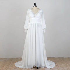 Lunivop V-Neck Full Sleeves Wedding Dress A Line Chiffon Bridal Gowns New Summer Lace White Women Dress