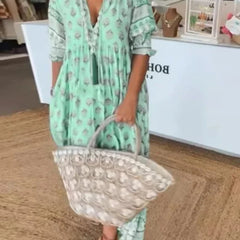 Lunivop Spring Bohemian Women Dresses Long Floral V-neck Short Sleeve Loose A-line Dresses Female New Elegant Trendy Ladies Clothe