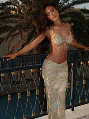 Lunivop Pearl Splice Stunning Dresses Women Sexy Tie Dye Tassel Bandage Hollow Shirring Maxi Bodycon Lady Vacation Party Vestidos