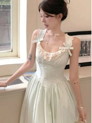 Lunivop French Style Lace Patchwork Bow Sleeveless Sweet Dresses Backless Elegant Square Collar Party Dress Female Waist A -line New