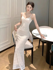 Lunivop Woman Dress Sexy Elegant Sleeveless V Neck Lace Patchwork Backless Slim Sweet Temperament Party Dresses Female Chic