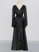 Lunivop Solid Two Piece Set Women's V-neck Long Sleeve Splicing Work Lace Top High Waist Midi Leather Wrinkle Skirt Female