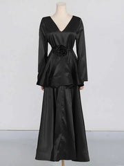 Lunivop Solid Two Piece Set Women's V-neck Long Sleeve Splicing Work Lace Top High Waist Midi Leather Wrinkle Skirt Female