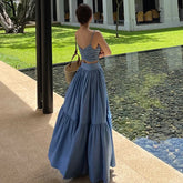 Lunivop Summer New Korean Fashion Pleated Backless Sexy Slim Camisole Women + Solid Color Casual A-line Skirt Two-piece Suit