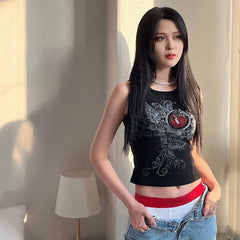 Lunivop Y2k Crop Top Aesthetic clothing Fairy Grunge Rhinestone Graphic Tank Tops 90's Black Ribbed Sleeveless Tank Top Y2k