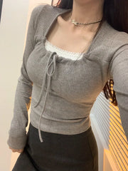 Lunivop New Wooden Ear Edge Square Collar Bow Decoration Slim Long Sleeve Top Y2k Millennial Style Street Style Top For Women