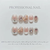 Lunivop 10Pcs Short Glitter French Fake Nails Full Cover 3D Diamond Bow Pearl Design Wearable Nail Tips Art Pink Handmade Press on Nails