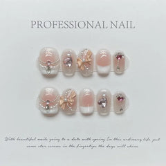 Lunivop 10Pcs Short Glitter French Fake Nails Full Cover 3D Diamond Bow Pearl Design Wearable Nail Tips Art Pink Handmade Press on Nails