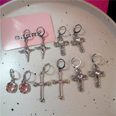 Lunivop Korean Fashion Y2K Gothic Cool Pink Rhinestone Zircon Cross Star Pendant Earrings For Women Girl Vintage Jewelry EMO Accessories