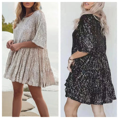 Lunivop Elegant Fashion Sequins Round Neck Loose Short-sleeved Dress Dinner Dress Plus-size Women's Clothing