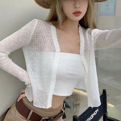 Lunivop Lightweight Sunscreen Shirt Women Crop Tops One Button Hollow Out Knit White Long Sleeve Cardigan Elegant Casual Shawl Coat