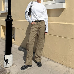 Lunivop BKLD Vintage American Knife Shape Pants Women Plaid Print Casual High Waist Pockets Trousers Temperament Street Commuter Clothes