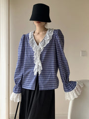Lunivop Vintage Ruffles Plaid Shirt Women Elegant Lace Patchwork V Neck Blouse French Sweet Long Sleeve Retro Design Casual Tops