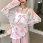 Lunivop Summer New Women's Sunscreen Clothing Crew Neck Strawberry Print Stylish Loose All-match Long Sleeve Casual T-shirt Tops