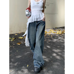 Lunivop Autumn Jeans for Women Vintage Spliced Casual Straight Loose Denim Pants 2024 New Streetwear Fashion High Waist Wide Leg Jeans