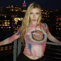 Lunivop Autumn new round neck pullover long sleeve mesh printing off the navel European and American women's top T-shirt