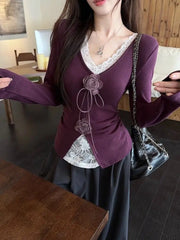 Lunivop Lace Patchwork V-neck 3D Flower T-shirt for Women 2025 New Slim Waist Bottoming Tops Mujer Y2k Long Sleeve Tee Shirt