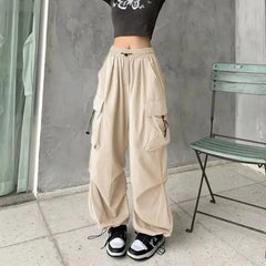 Lunivop Women Casual Joggers Tech Pants Solid Low Waist Pants Drawstring Wide Leg Baggy Trousers Y2k Streetwear Oversize Sweatpants