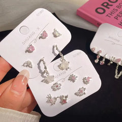 Lunivop 6Pcs/Set Heart Flower Butterfly Chain Pendant Earrings Women's Korean Fashion Y2K Pink Crystal Love Earrings Piercing for Ears