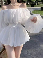 Lunivop Sexy One Word Girl Spring and Autumn New Unique Waist Bubble Sleeve Shirt French Fold Bubble Sleeve Girl the dress black dress white dress