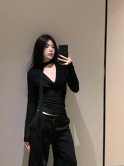 Lunivop American Sexy V-neck Black T-shirts Irregular Slim Fit Long Sleeve Tee Shirt Spring New Long Sleeve Top for Women