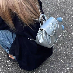 Lunivop Harajuku Bow Silver Backpack Women Preppy Style Hot Girls Leather Mini Backpacks Female Fairycore Aesthetic Y2k Mochila